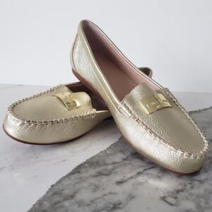 Kate Spade Corrie Leather Loafer Moccasin Flats Slip on Gold Metallic